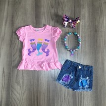 NEW Boutique Mermaid Girls Denim Jean Shorts Outfit Set - £6.79 GBP