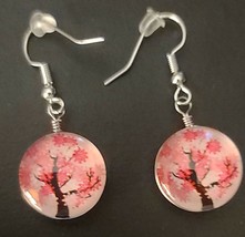 Pink Floral Acrylic Ball Tree Earrings ~ Silver Alloy ~ 1.5&quot; Drop Dangle Earring - £11.92 GBP
