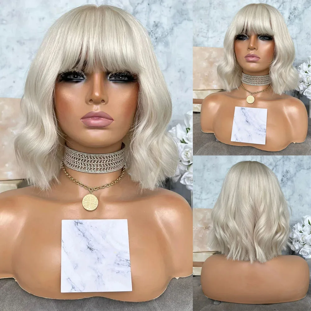 Ort bob light blonde body wave synthetic wigs shouler length hair with bangs lace front thumb200