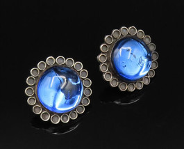 MEXICO 925 Silver - Vintage Unique Blue Amber Screw Back Earrings - EG12142 - $85.26