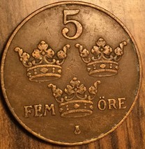 1925 Sweden 5 Ore Coin - £1.77 GBP
