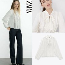 Zara Romantic Lace Insert Lantern Sleeve Tie Neck Blouse Size S - £25.86 GBP