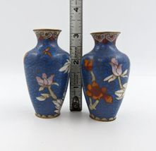 Vintage Metal Chinese Cloisonné Enamel Miniature Floral Vase 3” Set of 2 image 6