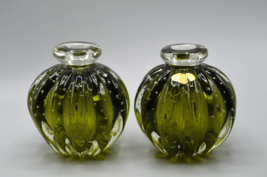 Arte Murano Icet Bubble Glass Bud Vase Pair Set Green Vintage Art Glass Ribbed - £61.71 GBP