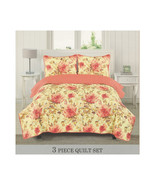  3 Piece Quilted Bedspread Set   Floral Pattern Yellow Pink Full/Queen &amp;... - $58.50+