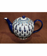 Russian Lomonosov design Forget Me Not Cobalt Blue bone china teapot. - $128.65