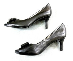 Nurture  Black Leather Pumps Peep Toe Silver Studded Bow Womens Size 9 M EUC - £33.18 GBP