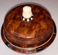 Vtg Burl Wood Box Inlaid Round Keepsake Turned w Mirrored Lid Jewelry 4.5&quot; READ - £21.07 GBP