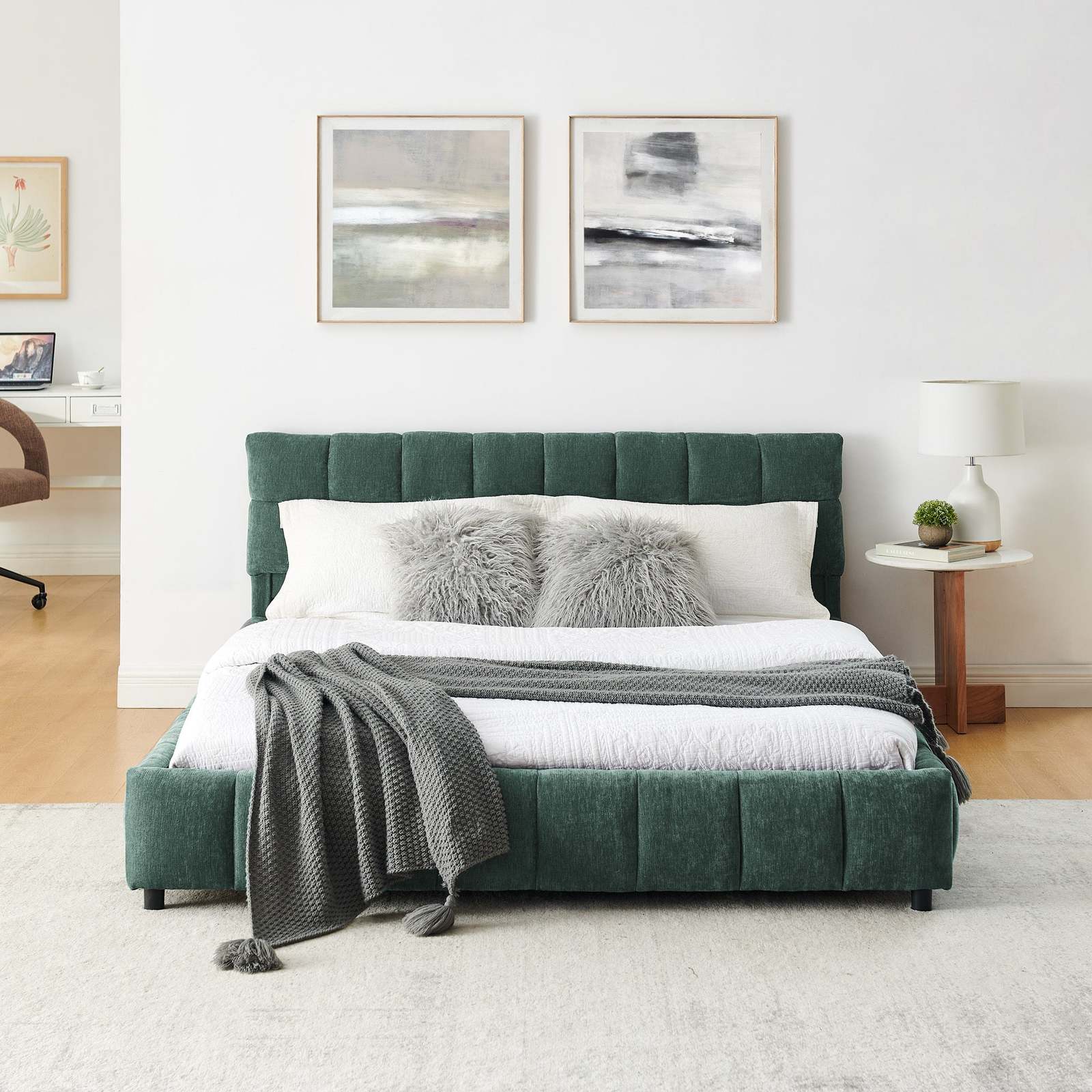 Modern Green Queen Upholstered Bed w/ Storage Drawer, Chenille Fabric Item image 8