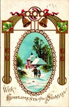 Compliments of the Season Bells Christmas Cabin Scene 1910 Postcard Embossed - £3.06 GBP