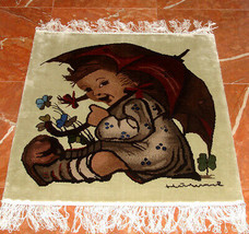 Hummel Umbrella Girl Silk Pile Rug Hand knotted 25x27&quot; Limited Edt. 6/50 Fringed - £66.76 GBP