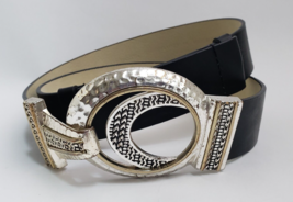 Chico&#39;s Interlock Double Circle Belt Leather Hammered Metal Black Size ML - £26.75 GBP