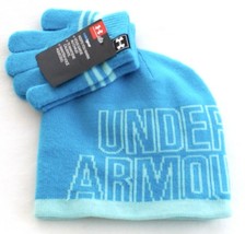 Under Armour Coldgear Blue Knit Beanie &amp; Gloves Youth Girl&#39;s 4-6 Years - £23.73 GBP
