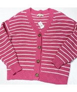 Loft Button Up Knit Cardigan Medium Pink/White Striped Long Sleeve Sweat... - £20.85 GBP