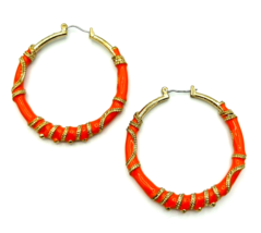 Gold Tone Orange Enamel 2&quot; Hoop Earrings - £12.63 GBP