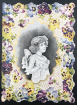 Victorian 1880s Die Cut Embossed Gild w/Hat Floral Greeting Card Kindest Regards - £10.79 GBP