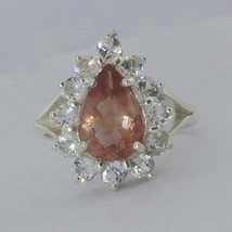 Oregon Sunstone Copper Orange Pear White Topaz Halo 925 Ring Size 8 Design 54 - £133.59 GBP