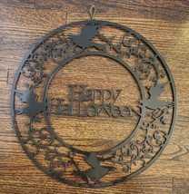 Large Metal Happy Halloween Sign Black Crows 16&quot; Hanging Indoor Wall Dec... - $17.75