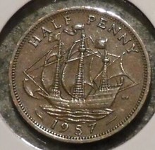1957 British UK Half Penny coin Rest in peace Queen Elizabeth II Age 66 ... - $2.59