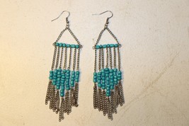 Long Beaded Earrings - Bohemian Turquoise Fringe Drop Earrings, Seed Bead - £6.35 GBP