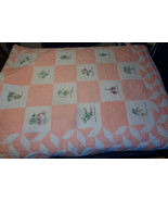 Vintage Quilt Embroidered Bible Flowers Handmade Peach White 94x74&quot; Cotton - £58.66 GBP