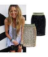 sk21N3 Celebrity Style Sparkle Gold Sequin Metallic Bodycon Mini Party Skirt - $24.99