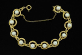 Art Nouveau Style  (ca. 1940&#39;s) Mikimoto 14K Yellow Gold Engraved Pearl Bracelet - £937.28 GBP