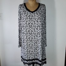 Anne Klein Dress Jersey Black White Filagree Floral Long Sleeve Chiffin Size M - £29.76 GBP