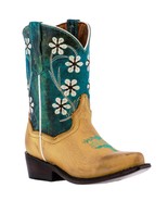 Kids Western Boots Flower Embroidered Leather Teal Buttercup Snip Toe Botas - £41.52 GBP