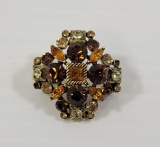 *B) Vintage Gold Tone Amber Rhinestone Brooch Pin - £19.48 GBP