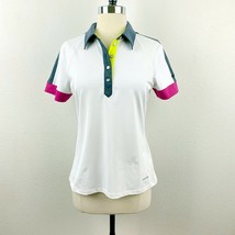 Annika Cutter &amp; Buck Athletic Golf Polo Top White Blue Fuchsia Color Block Sz S - £15.78 GBP