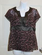 Style &amp; Company Blouse 10 Petite Dark Brown with Fuchsia and Ivory Flowe... - $4.99