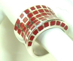 Vtg Ring Mod Atomic Sterling Silver Red Insets Geometric Squares 925 Art... - £47.43 GBP