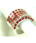 Vtg Ring Mod Atomic Sterling Silver Red Insets Geometric Squares 925 Art... - £46.66 GBP