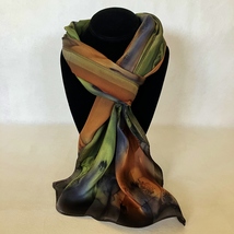 Hand Painted Silk Scarf Olive Green Brown Unique Rectangle Head Neck New... - $56.00