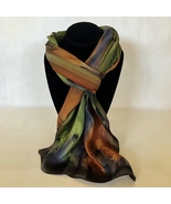 Hand Painted Silk Scarf Olive Green Brown Unique Rectangle Head Neck New... - €48,63 EUR