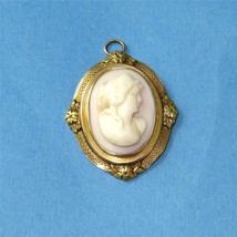 Victorian Angel Skin Coral Cameo Pendant  10k Gold Frame Etched &amp; Flower Accents - £187.81 GBP