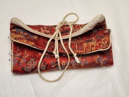 VTG Jewelry Travel Holder Fold Roll Up Pouch, Red, Gold Silk &amp; Tassel - £13.44 GBP