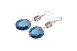 925 Sterling Silver London Blue Topaz &amp; Smoky Quartz Handmade Dangle Earrings ES - £40.41 GBP