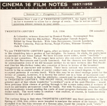 1957 Cinema 16 Film Notes Twentieth Century Hawks Season 11 Nov Original... - €18,02 EUR