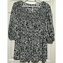 Terra &amp; Sky Women&#39;s Black White Floral Quarter Sleeve Blouse Size 3X 24W... - $20.53 CAD