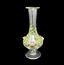 French Bud Vase Applied Pink Roses CLEAR Hand Blown France 1970s Vintage... - £58.07 GBP