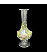 French Bud Vase Applied Pink Roses CLEAR Hand Blown France 1970s Vintage... - £58.21 GBP