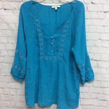 Spense Womens Blouse Blue Solid 3/4 Sleeve Notch Neck Pullover Crochet B... - $15.35