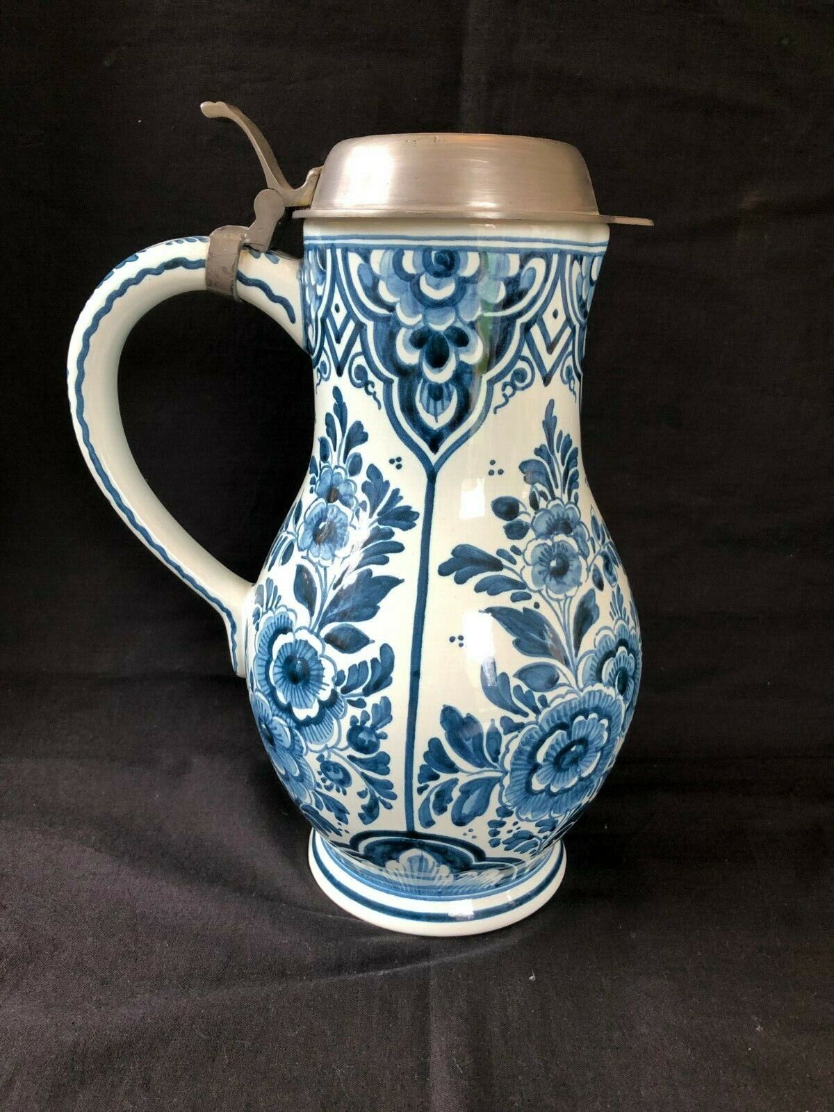 Ancien Peint Delft Picher / Cruche Avec Étain Couvercle. Marquée Et Sign... - $225.00