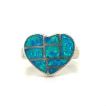 Vintage Signed 925 Sterling Inlay Channel Opal Stone Heart Shape Ring Band sz 6 - £31.65 GBP