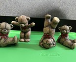 Vtg lot 4 Detailed Teddy Bears Red Bows Figurine Ceramic  2&quot; &amp; 3” Lot ha... - $24.74