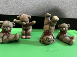 Vtg lot 4 Detailed Teddy Bears Red Bows Figurine Ceramic  2&quot; &amp; 3” Lot handstand - £19.77 GBP