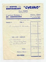 Hotel Restaurant Cyrano Restaurant Receipt 1970&#39;s Bergerac France Pierre Turon  - £14.24 GBP