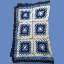 Throw Blanket Crochet Blue White Squares Couch Chair Lap 50 x 80 Inches Knit - $17.60